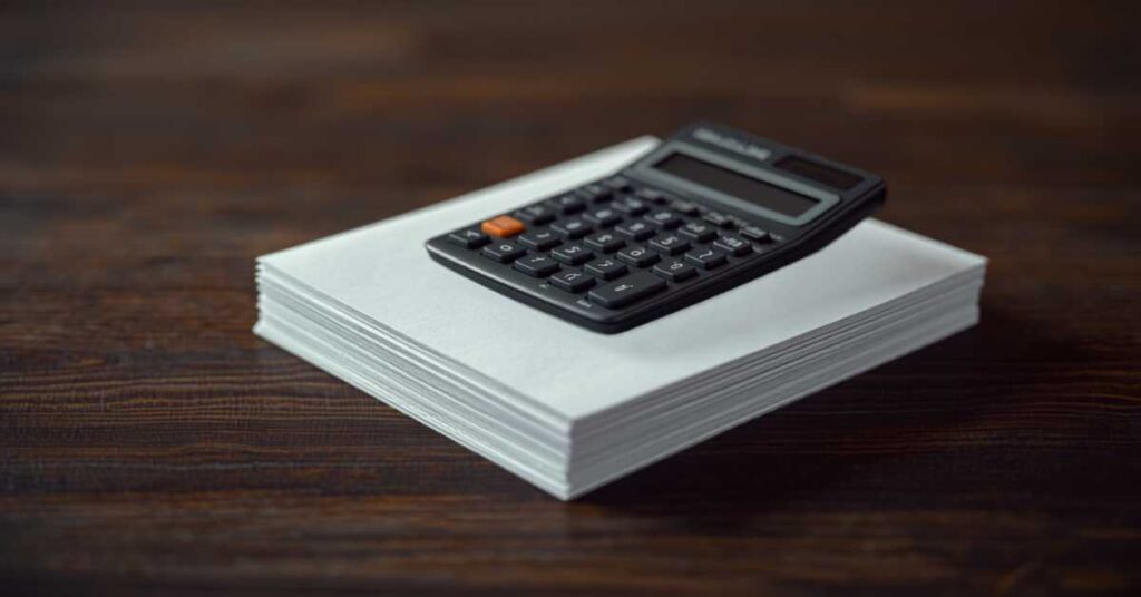 Calculator and stack of blank documents on a wooden desk