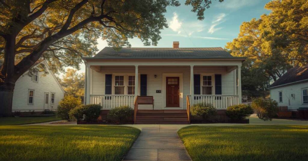 Suburban house exterior with front porch and green lawn