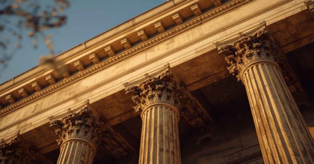 Close-up of classical courthouse columns representing Merced County probate court