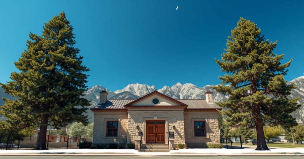 Small mountain courthouse with pine trees and Sierra Nevada peaks in Mono County California