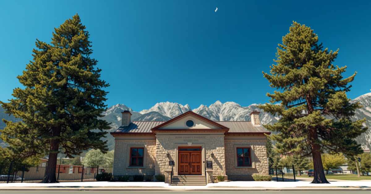 Small mountain courthouse with pine trees and Sierra Nevada peaks in Mono County California