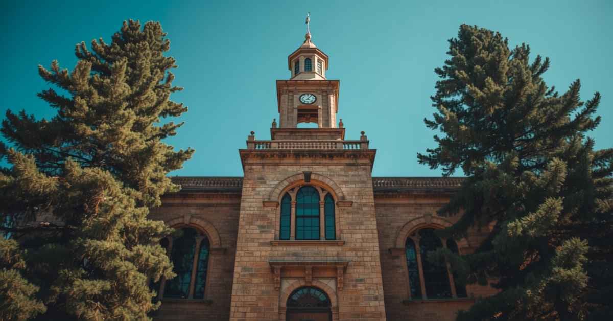 Historic Sierra Nevada foothill courthouse with pine trees