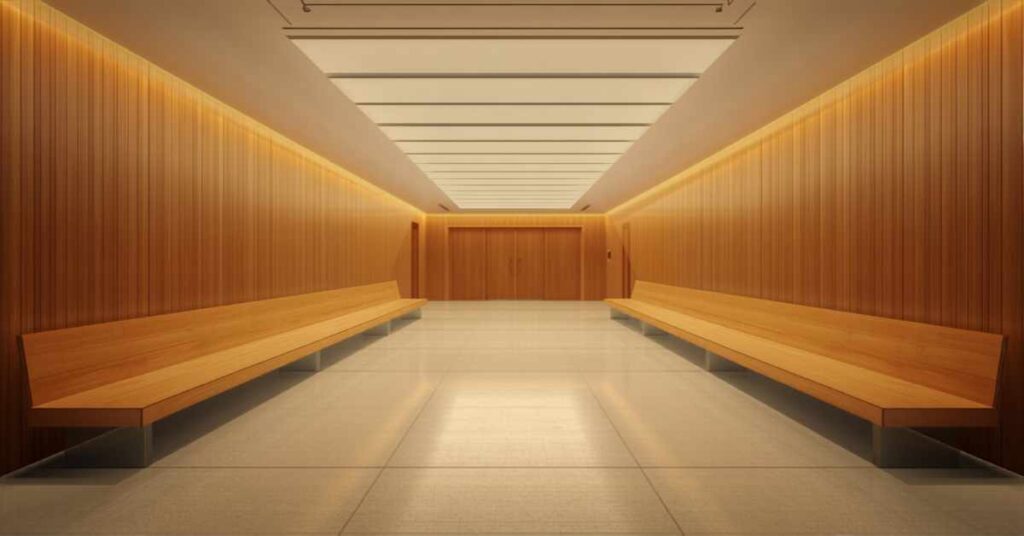 Warm, modern courthouse hallway with wooden benches at Orange County Superior Court