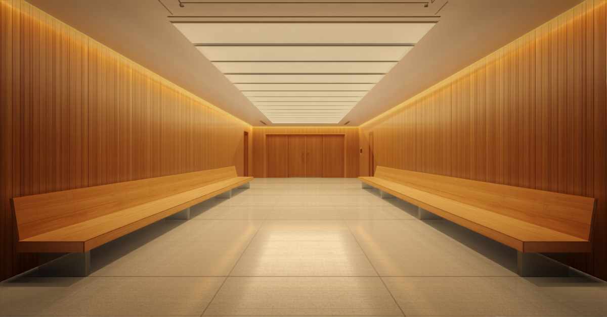 Warm, modern courthouse hallway with wooden benches at Orange County Superior Court