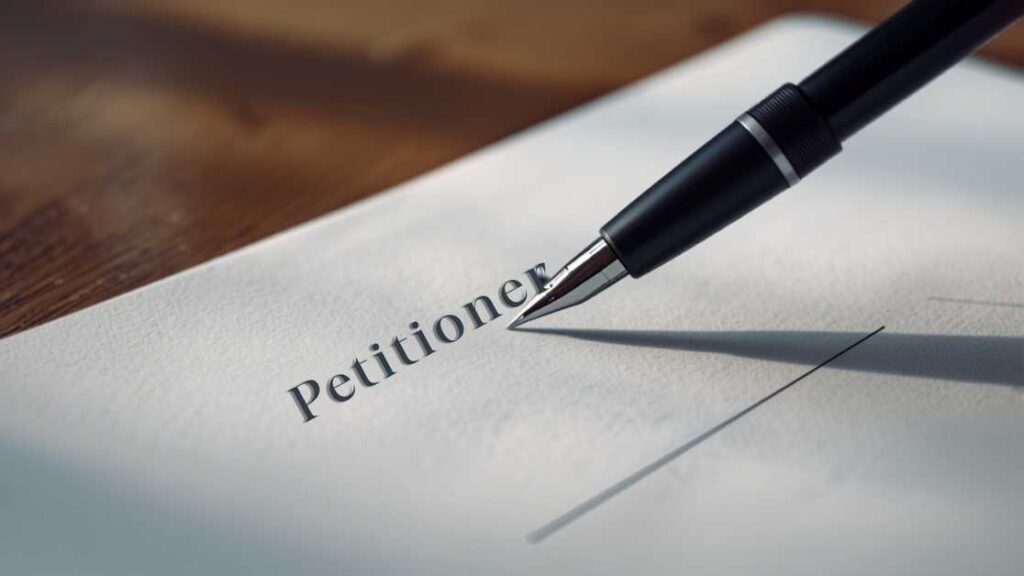 Pen resting on a legal petition document