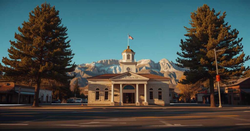 Small mountain town courthouse with pine trees and Sierra Nevada peaks representing Plumas County probate court