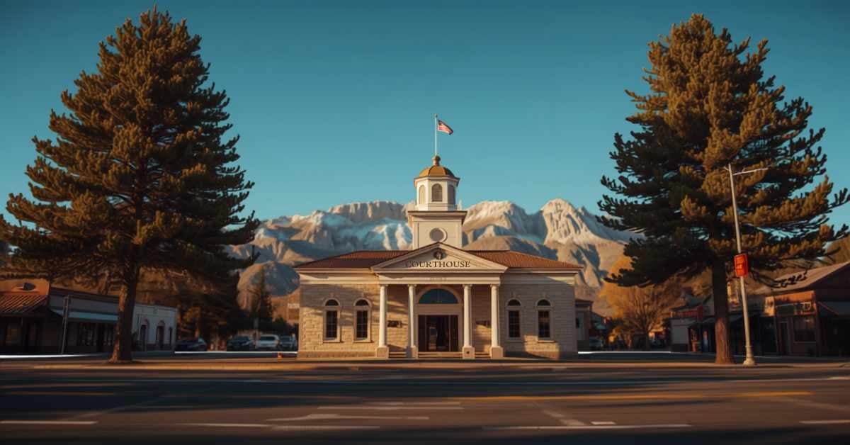 Small mountain town courthouse with pine trees and Sierra Nevada peaks representing Plumas County probate court