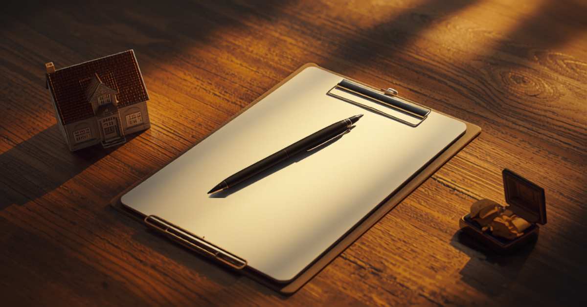 Appraiser clipboard with pen, model house, and jewelry box representing probate estate valuation
