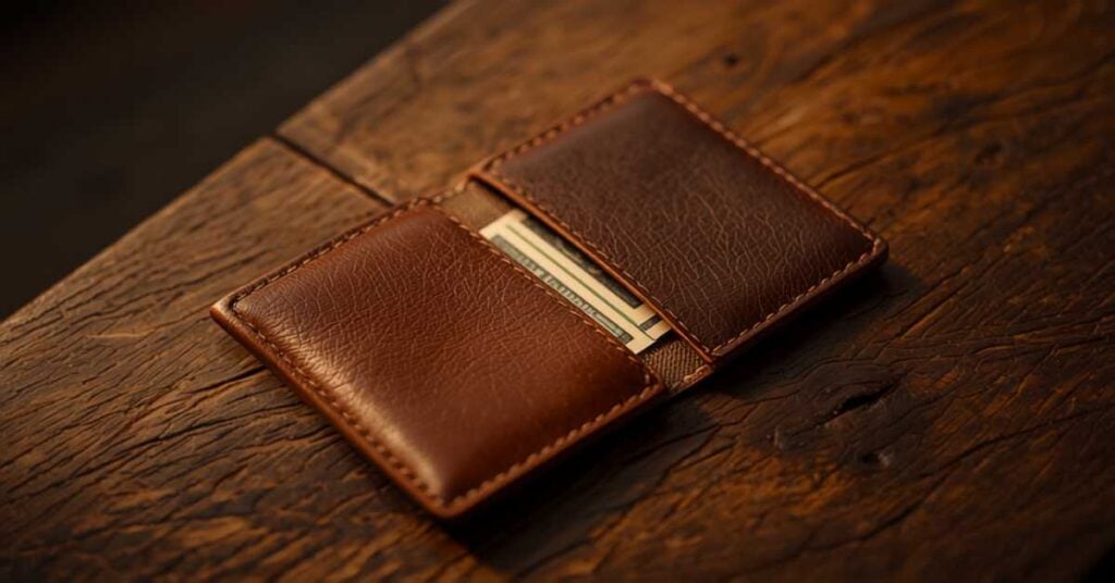 Open wallet with cash on a wooden desk