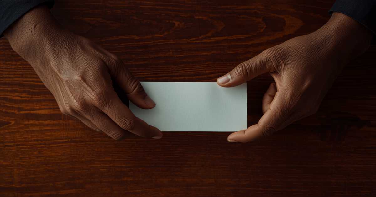 Two people exchanging a folded document across a table