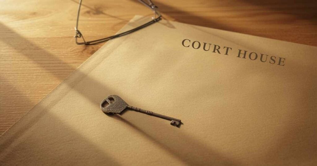 Court house document folder with key and reading glasses on a wooden desk representing Sacramento County probate advance process