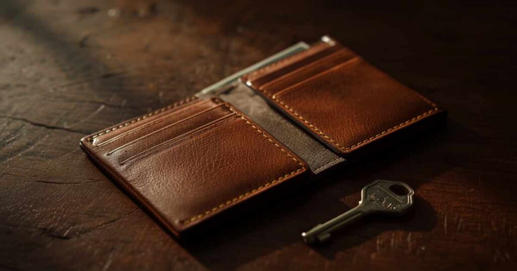 Leather wallet with cash and a house key on a wooden desk representing a probate cash advance