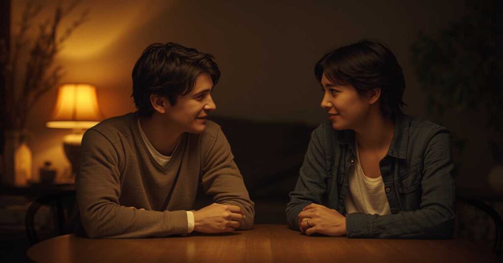 Two siblings sitting together in conversation, representing inheritance rights discussion