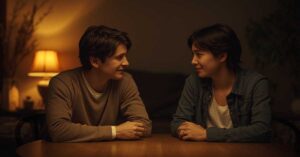 Two siblings sitting together in conversation, representing inheritance rights discussion