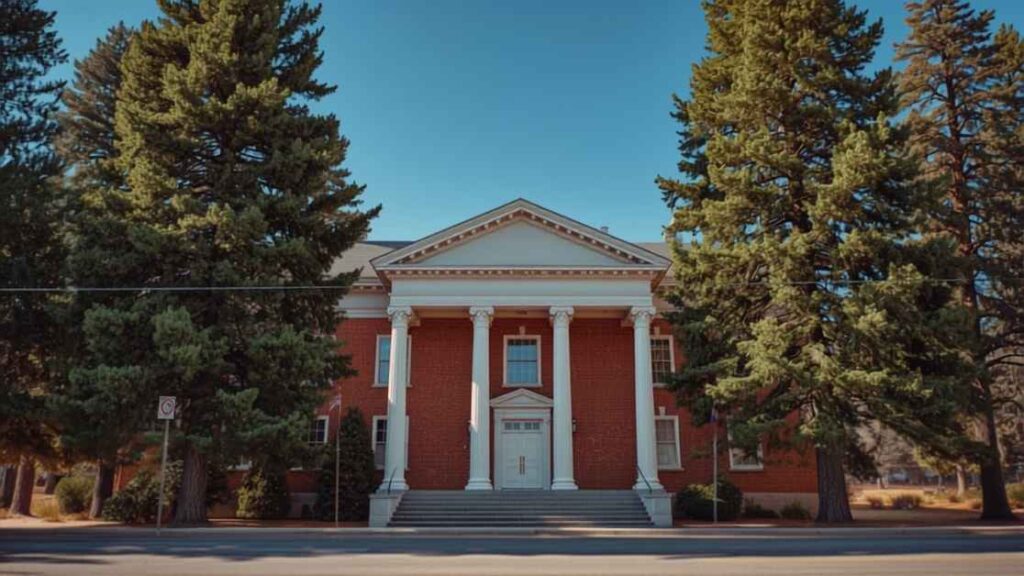 Siskiyou County Superior Court brick courthouse building surrounded by pine trees in Yreka