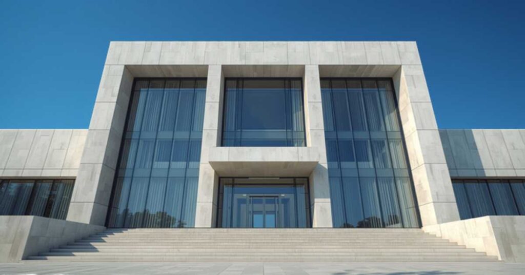 Modern courthouse exterior with glass and stone architecture