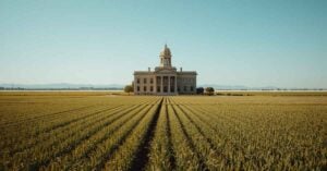 Central Valley California courthouse surrounded by orchards