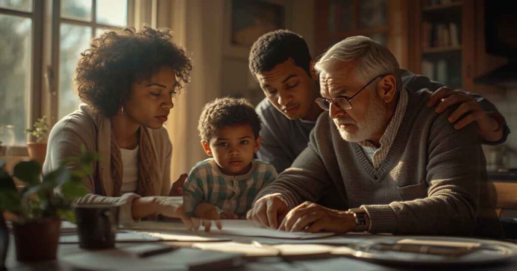 Family members reviewing paperwork together at a table