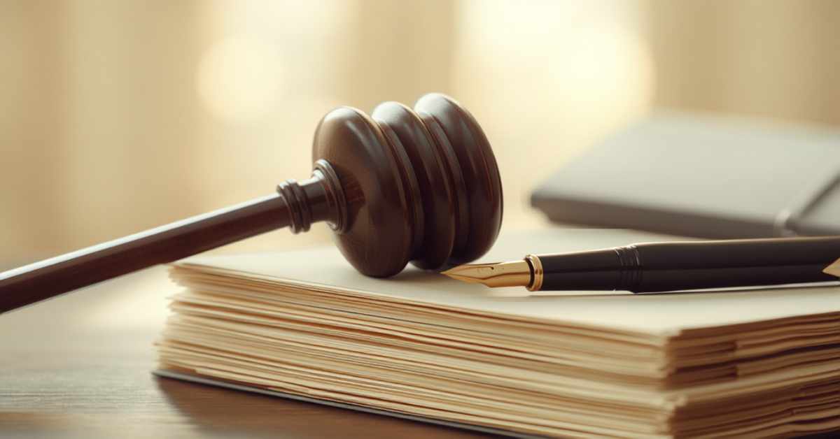 Gavel resting on a stack of legal document folders with a fountain pen, representing Inyo County probate court filings