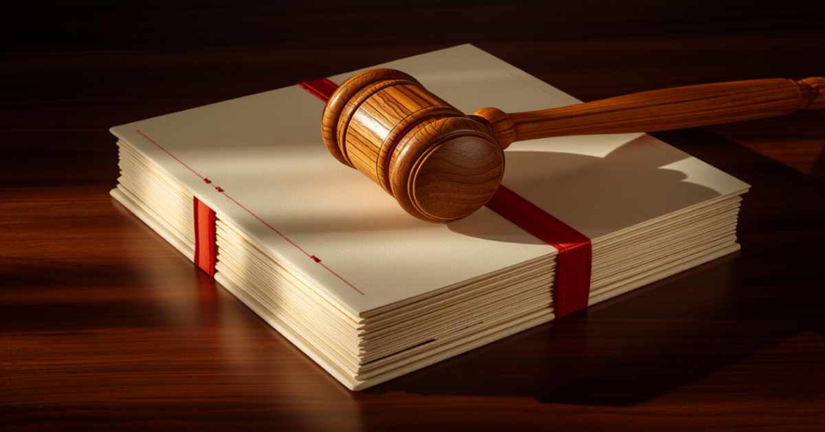 Gavel resting on a stack of tied legal document folders, representing Lake County probate court filings